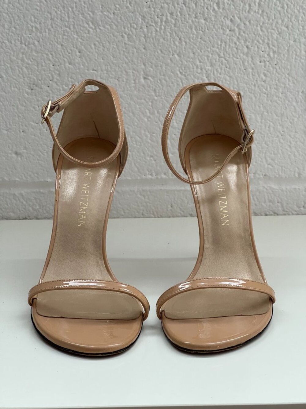 Stuart Weitzman Nudist Sandal Nude Adobe Patent Leather Stiletto Size 7.5